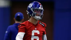 Jaxson Dart #6 of the New York Giants during rookie minicamp at NY Giants Quest Diagnostics Training Center on May 09, 2025 in East Rutherford, New Jersey.