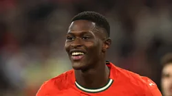 Nuno Mendes of Portugal celebrates scoring his team's first goal during the UEFA Nations League 2025 final match between Portugal and Spain at Munich Football Arena