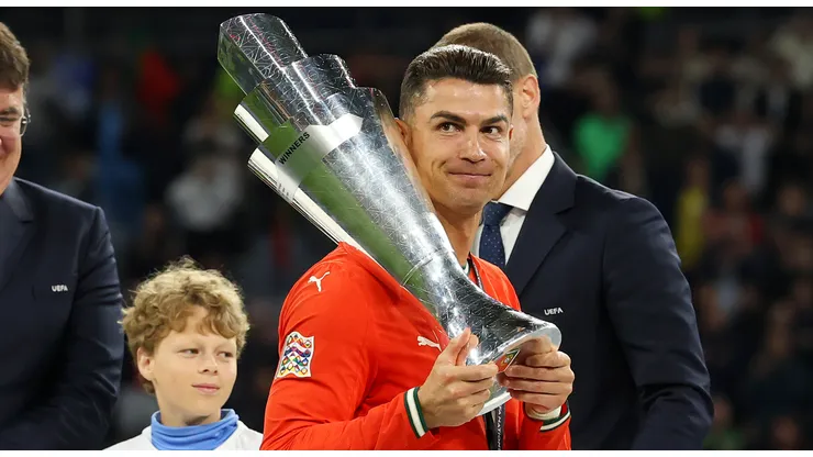 Cristiano Ronaldo of Portugal lifts the UEFA Nations League trophy after his team's victory in during the UEFA Nations League 2025 final match between Portugal and Spain at Munich Football Arena on June 08, 2025 in Munich, Germany.