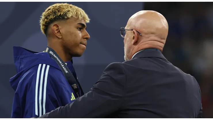 Lamine Yamal of Spain appears dejected as he collects his runners up medal following defeat in the UEFA Nations League 2025 final match between Portugal and Spain at Munich Football Arena on June 08, 2025 in Munich, Germany.