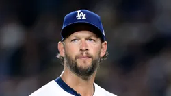 Clayton Kershaw #22 of the Los Angeles Dodgers reacts as he leaves the game after a review overturns a call at first base resulting in an RBI single to Brandon Nimmo #9 of the New York Mets, scoring Starling Marte #6 for a 5-4 lead, during the fifth inning at Dodger Stadium on June 03, 2025 in Los Angeles, California.