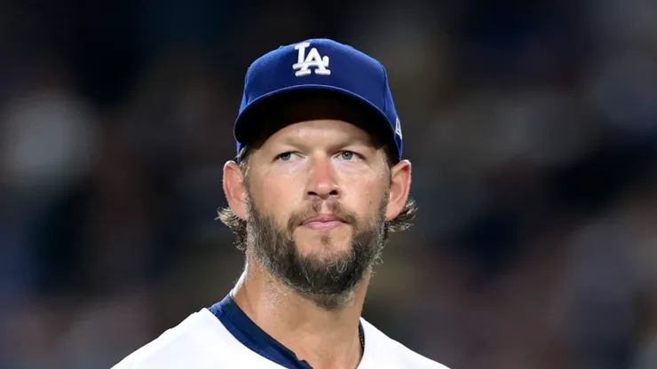 Clayton Kershaw #22 of the Los Angeles Dodgers reacts during an MLB game.