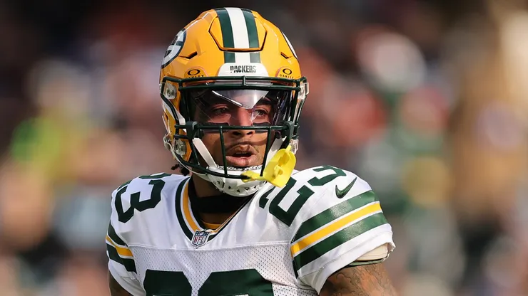Jaire Alexander #23 of the Green Bay Packers looks on against the Chicago Bears at Soldier Field on November 17, 2024 in Chicago, Illinois.