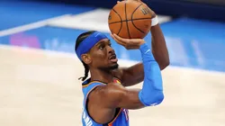 Shai Gilgeous-Alexander #2 of the Oklahoma City Thunder attempts a jump shot against the Indiana Pacers during the third quarter in Game Two of the 2025 NBA Finals at Paycom Center on June 08, 2025 in Oklahoma City, Oklahoma.