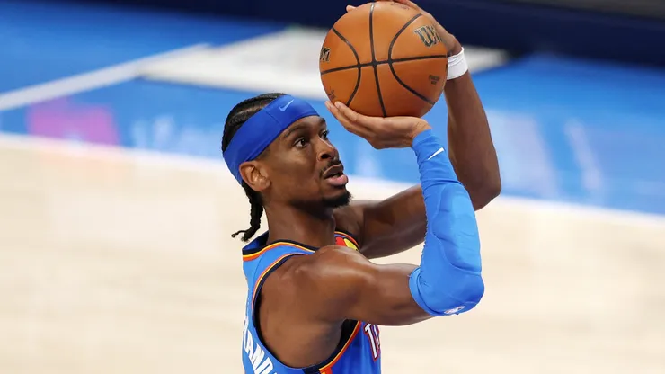 Shai Gilgeous-Alexander #2 of the Oklahoma City Thunder attempts a jump shot against the Indiana Pacers during the third quarter in Game Two of the 2025 NBA Finals at Paycom Center on June 08, 2025 in Oklahoma City, Oklahoma.