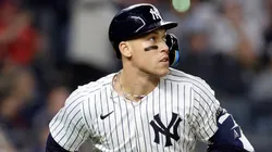 Aaron Judge #99 of the New York Yankees watches his ninth inning two-run home run against the Boston Red Sox at Yankee Stadium on June 08, 2025 in New York City.