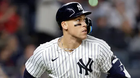 Aaron Judge #99 of the New York Yankees watches his ninth inning two-run home run against the Boston Red Sox at Yankee Stadium on June 08, 2025 in New York City.