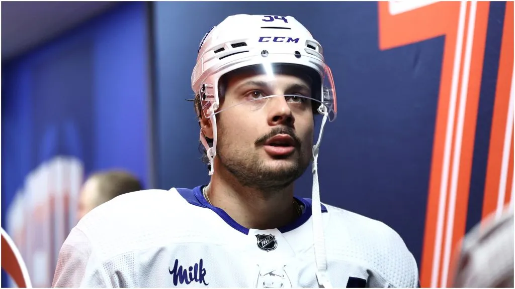 Auston Matthews #34 of the Toronto Maple Leafs looks on before playing against the Philadelphia Flyers at the Wells Fargo Center on March 14, 2024 in Philadelphia, Pennsylvania.