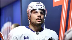 Auston Matthews #34 of the Toronto Maple Leafs looks on before playing against the Philadelphia Flyers at the Wells Fargo Center on March 14, 2024 in Philadelphia, Pennsylvania.