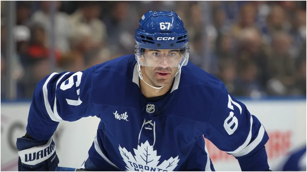 Max Pacioretty #67 of the Toronto Maple Leafs waits for a puck drop against the Pittsburgh Penguins during the 2nd period in an NHL game at Scotiabank Arena in Toronto, Ontario, Canada on October 12, 2024.