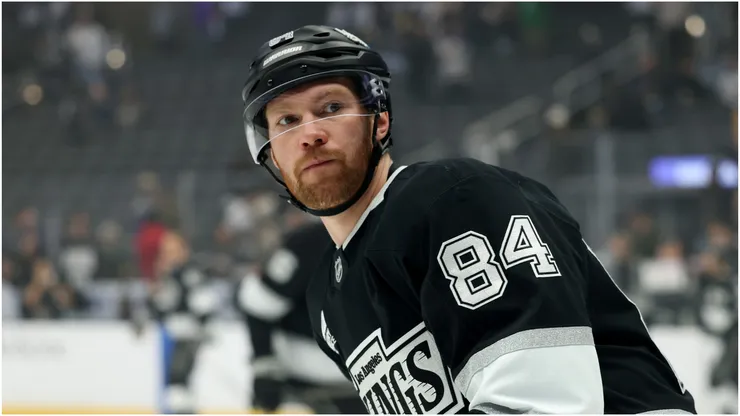 Vladislav Gavrikov #84 of the Los Angeles Kings during warm up before the game against the Buffalo Sabres at Crypto.com Arena on November 20, 2024 in Los Angeles, California.