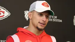 Quarterback Patrick Mahomes #15 of the Kansas City Chiefs speaks to the media during the press conference interviews after the Kansas City Chiefs OTAs at The University of Kansas Health System Training Complex on May 29, 2025 in Kansas City, Missouri.