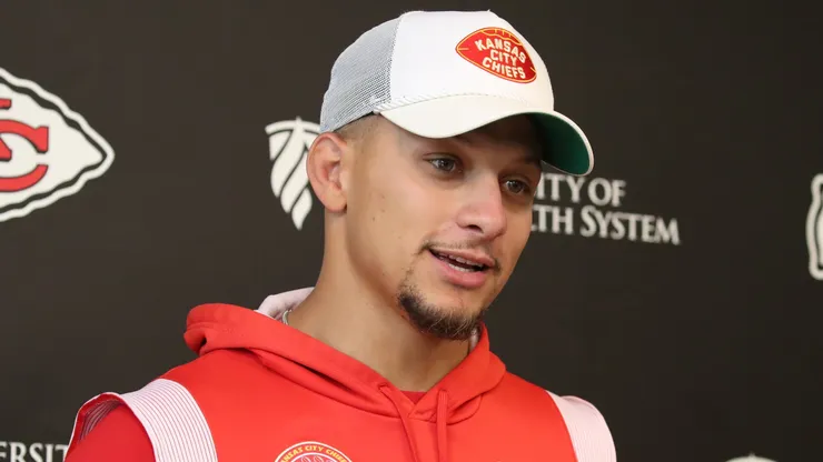 Quarterback Patrick Mahomes #15 of the Kansas City Chiefs speaks to the media during the press conference interviews after the Kansas City Chiefs OTAs at The University of Kansas Health System Training Complex on May 29, 2025 in Kansas City, Missouri.