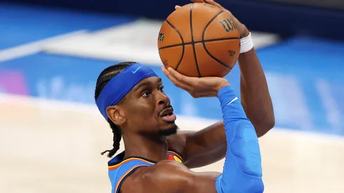 Shai Gilgeous-Alexander #2 of the Oklahoma City Thunder attempts a jump shot against the Indiana Pacers during the third quarter in Game Two of the 2025 NBA Finals at Paycom Center on June 08, 2025 in Oklahoma City, Oklahoma.