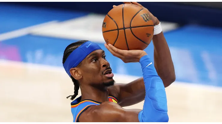 Shai Gilgeous-Alexander #2 of the Oklahoma City Thunder attempts a jump shot against the Indiana Pacers during the third quarter in Game Two of the 2025 NBA Finals at Paycom Center on June 08, 2025 in Oklahoma City, Oklahoma.
