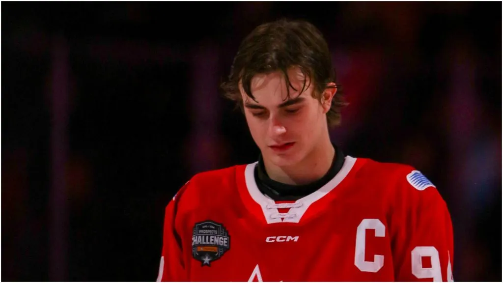 Forward Porter Martone #94 of Team CHL prior to a game against Team USA during the CHL USA Prospects Challenge at Canada Life Place on November 26, 2024 in London, Ontario.