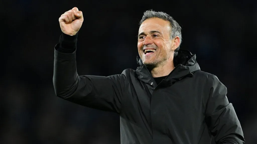 Head coach Luis Enrique of Paris Saint-Germain celebrates after the UEFA Champions League 2023/24 round of 16 second leg match between Real Sociedad and Paris Saint-Germain. (Source: David Ramos/Getty Images)
