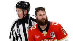 Jonah Gadjovich #12 of the Florida Panthers looks on after fighting Darnell Nurse #25 of the Edmonton Oilers, not pictured, during the third period in Game Three of the 2025 Stanley Cup Final at Amerant Bank Arena on June 09, 2025 in Sunrise, Florida.