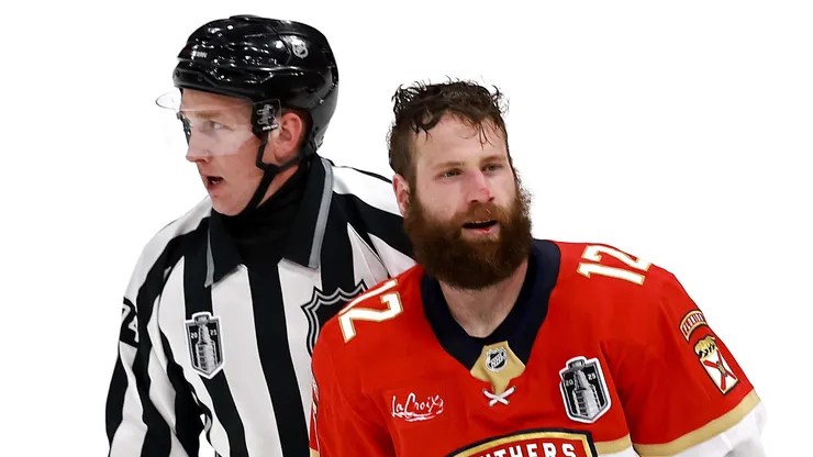 Jonah Gadjovich #12 of the Florida Panthers looks on after fighting Darnell Nurse #25 of the Edmonton Oilers, not pictured, during the third period in Game Three of the 2025 Stanley Cup Final at Amerant Bank Arena on June 09, 2025 in Sunrise, Florida.