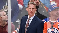 Head coach Kris Knoblauch of the Edmonton Oilers looks on during the second period against the Florida Panthers in Game Three of the 2025 Stanley Cup Final at Amerant Bank Arena on June 09, 2025 in Sunrise, Florida.