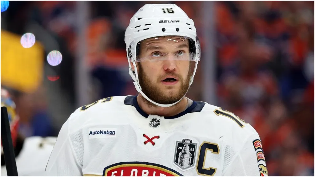 Aleksander Barkov #16 of the Florida Panthers looks on during the third period against the Edmonton Oilers in Game Two of the 2025 Stanley Cup Final at Rogers Place on June 06, 2025 in Edmonton, Alberta, Canada.