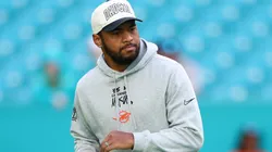 Tua Tagovailoa #1 of the Miami Dolphins warms up before playing the San Francisco 49ers at Hard Rock Stadium on December 22, 2024 in Miami Gardens, Florida.