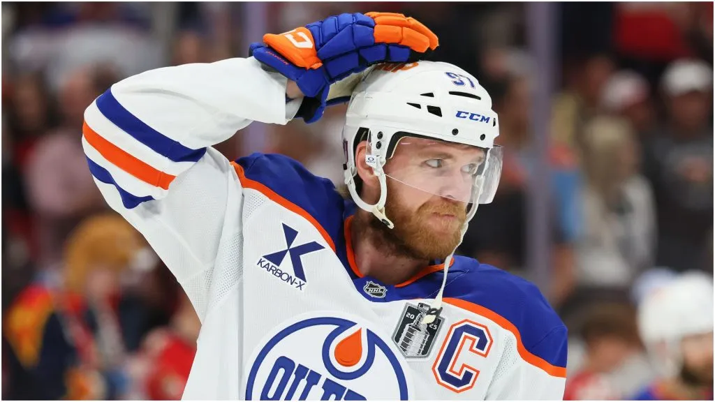 Connor McDavid #97 of the Edmonton Oilers warms up before playing the Florida Panthers in Game Three of the 2025 Stanley Cup Final at Amerant Bank Arena on June 09, 2025 in Sunrise, Florida.