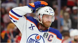 Connor McDavid #97 of the Edmonton Oilers warms up before playing the Florida Panthers in Game Three of the 2025 Stanley Cup Final at Amerant Bank Arena on June 09, 2025 in Sunrise, Florida.