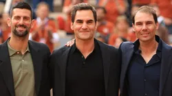 Rafael Nadal poses for a photo with Roger Federer and Novak Djokovic on Court Philippe-Chatrier.