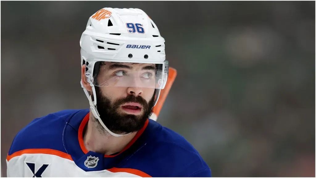 Jake Walman #96 of the Edmonton Oilers looks on against the Dallas Stars during the third period in Game Five of the Western Conference Final of the 2025 Stanley Cup Playoffs at American Airlines Center on May 29, 2025 in Dallas, Texas.