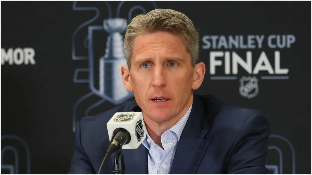 Head coach Kris Knoblauch of the Edmonton Oilers speaks with the media following playing against the Florida Panthers during Game Three of the 2025 NHL Stanley Cup Final at Amerant Bank Arena on June 09, 2025 in Sunrise, Florida.