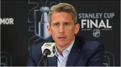 Head coach Kris Knoblauch of the Edmonton Oilers speaks with the media following playing against the Florida Panthers during Game Three of the 2025 NHL Stanley Cup Final at Amerant Bank Arena on June 09, 2025 in Sunrise, Florida.