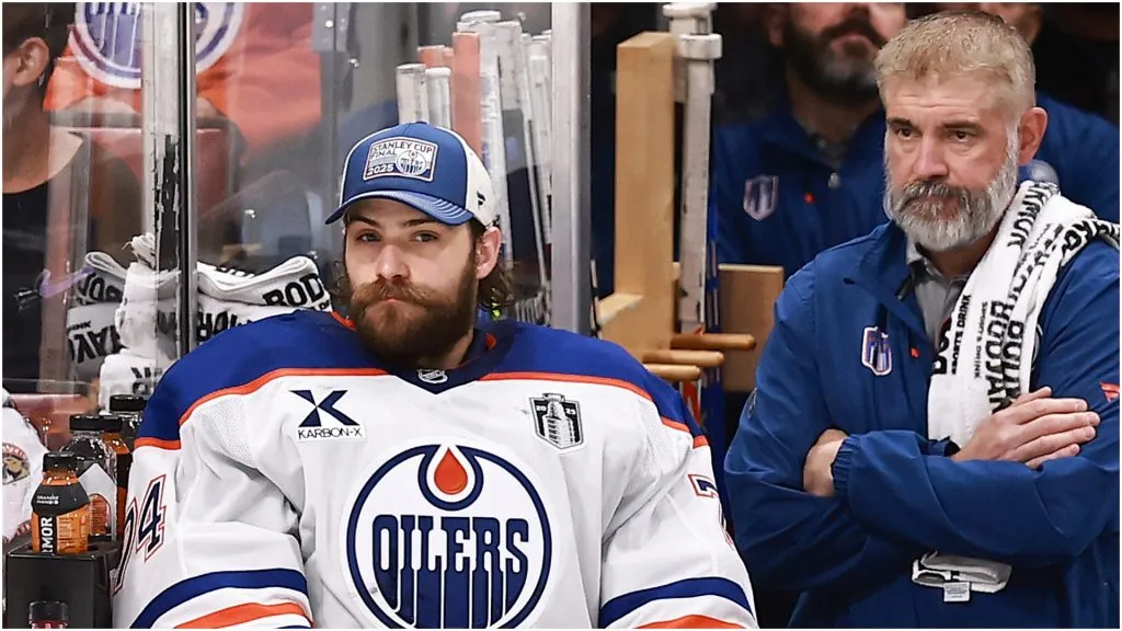 Stuart Skinner #74 of the Edmonton Oilers looks on after being benched during the third period against the Florida Panthers in Game Three of the 2025 Stanley Cup Final at Amerant Bank Arena on June 09, 2025 in Sunrise, Florida.