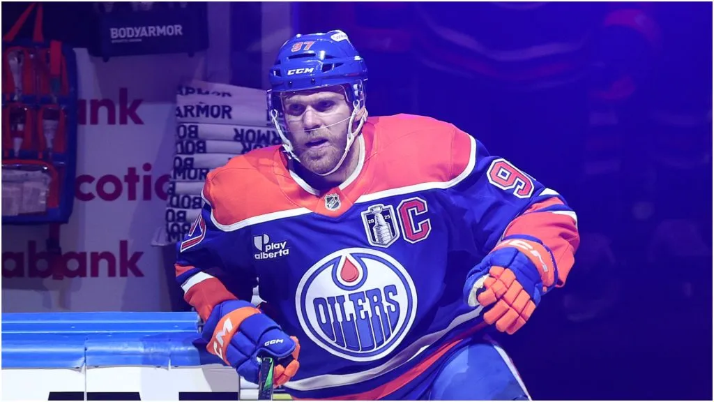 Connor McDavid #97 of the Edmonton Oilers takes to the ice prior to a game against the Florida Panthers in Game One of the 2025 Stanley Cup Final at Rogers Place on June 04, 2025 in Edmonton, Alberta, Canada.