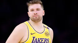 Luka Doncic #77 of the Los Angeles Lakers dribbles during an NBA game.