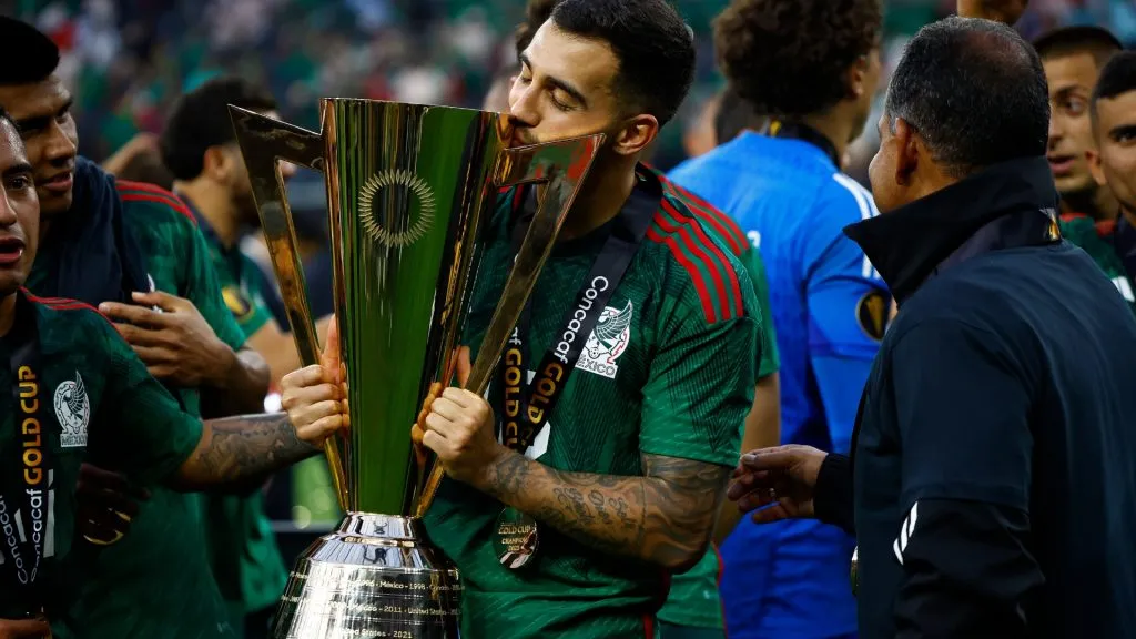 Carlos Rodriguez #8 of Mexico with the Concacaf Gold Cup trophy after the final match between Mexico and Panama at SoFi Stadium on July 16, 2023. (Source: Ronald Martinez/Getty Images)