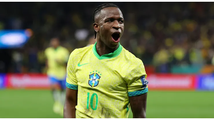 Vinicius Junior of Brazil celebrates after scoring the team's first goal during the FIFA World Cup 2026 South American Qualifier between Brazil and Paraguay at Neo Quimica Arena on June 10, 2025 in Sao Paulo, Brazil.