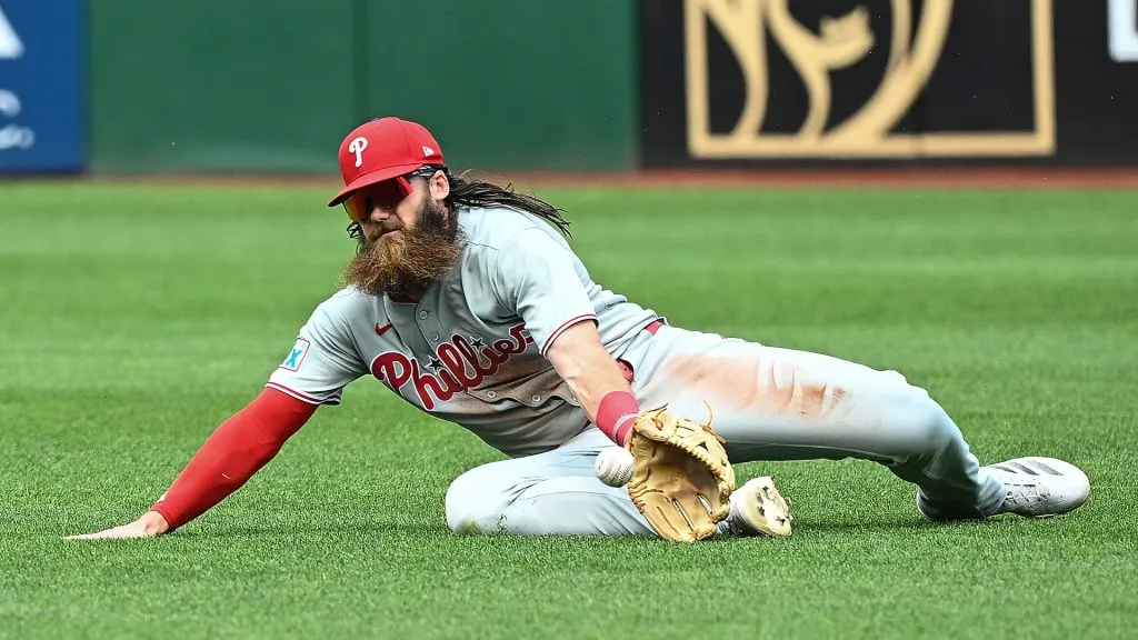 Brandon Marsh #16 of the Philadelphia Phillies cannot make a catch on a single off the bat of Jared Triolo #19 of the Pittsburgh Pirates (not pictured) in the fourth inning during the game at PNC Park on June 8, 2025 in Pittsburgh, Pennsylvania. (Photo by Justin Berl/Getty Images)