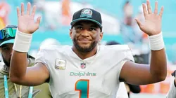 Tua Tagovailoa #1 of the Miami Dolphins reacts after defeating the Cleveland Browns 39-17 at Hard Rock Stadium on November 13, 2022 in Miami Gardens, Florida.