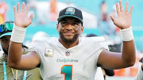 Tua Tagovailoa #1 of the Miami Dolphins reacts after defeating the Cleveland Browns 39-17 at Hard Rock Stadium on November 13, 2022 in Miami Gardens, Florida.