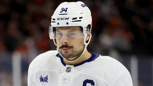 Auston Matthews #34 of the Toronto Maple Leafs looks on during a game against the Philadelphia Flyers at the Wells Fargo Center on January 07, 2025 in Philadelphia, Pennsylvania.