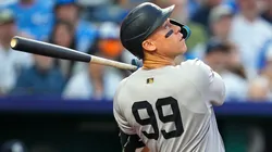 Aaron Judge #99 of the New York Yankees hits an RBI single during the sixth inning against the Kansas City Royals at Kauffman Stadium on June 10, 2025 in Kansas City, Missouri.
