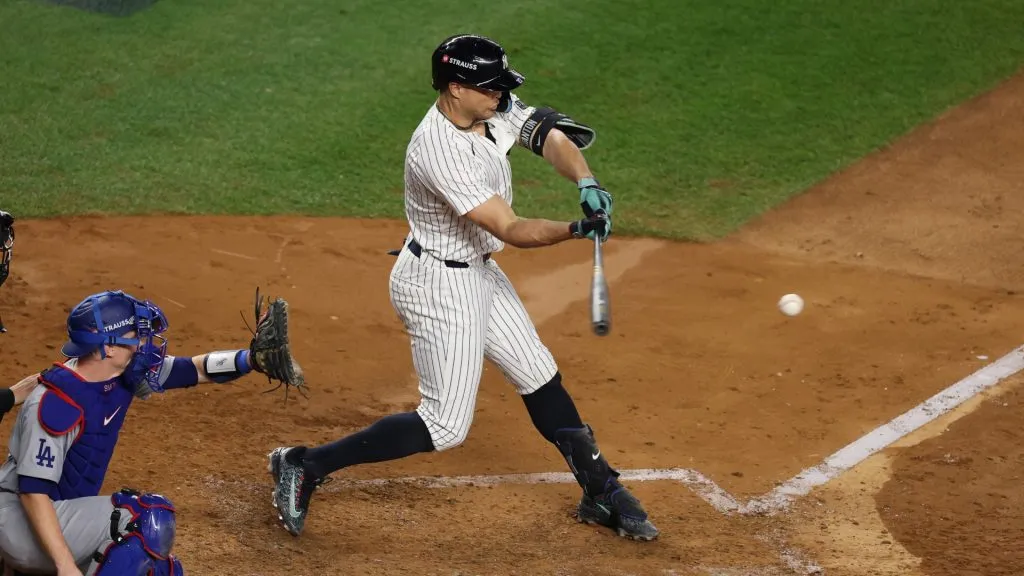 Giancarlo Stanton at the plate during a past appearance, as questions linger about his return to the Yankees lineup. (Photo by Al Bello/Getty Images)