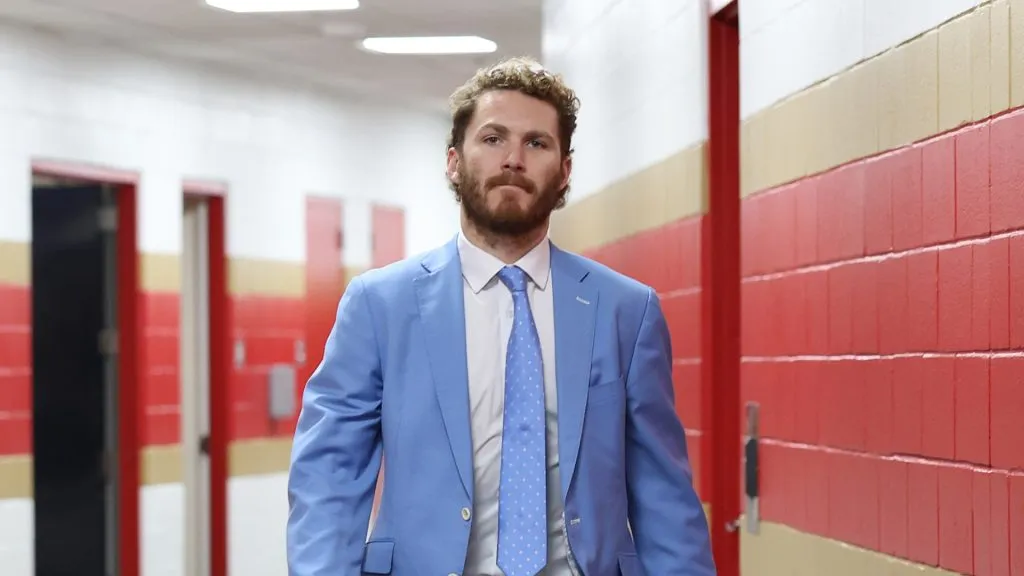 Matthew Tkachuk #19 of the Florida Panthers arrives before playing the Edmonton Oilers in Game Three of the 2025 Stanley Cup Final at Amerant Bank Arena on June 09, 2025 in Sunrise, Florida.