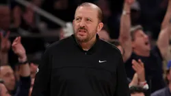 Head coach Tom Thibodeau of the New York Knicks reacts against the Boston Celtics during the NBA Playoffs.