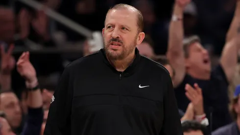 Head coach Tom Thibodeau of the New York Knicks reacts against the Boston Celtics during the NBA Playoffs.