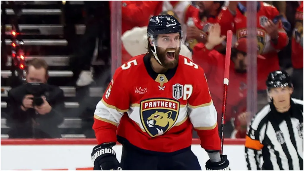 Aaron Ekblad #5 of the Florida Panthers celebrates his goal against the Edmonton Oilers in Game Three of the 2025 Stanley Cup Final at Amerant Bank Arena on June 09, 2025 in Sunrise, Florida.