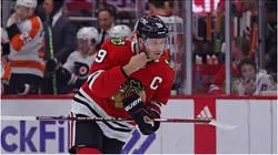 Jonathan Toews #19 of the Chicago Blackhawks takes the ice prior to a game against the Philadelphia Flyers at United Center on April 13, 2023 in Chicago, Illinois.
