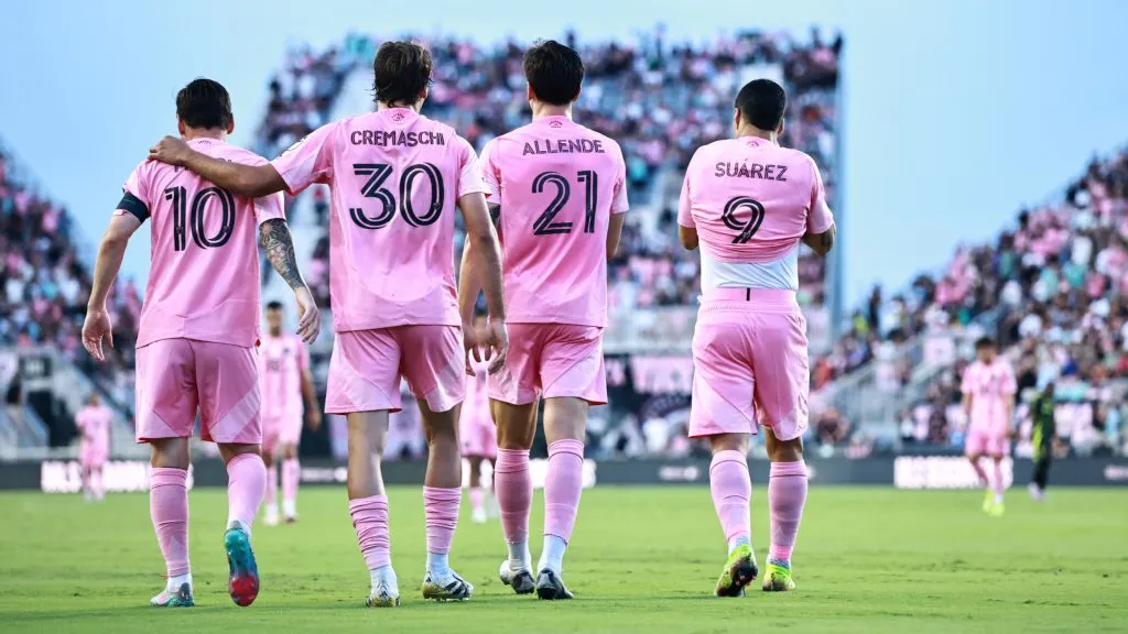 Lionel Messi, Benjamin Cremaschi, Tadeo Allende and Luis Suarez after an Inter Miami’s goa against Colombus Crew. (Carmen Mandato/Getty Images)