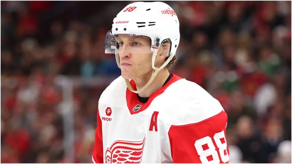 Patrick Kane #88 of the Detroit Red Wings looks on against the Chicago Blackhawks during the first period at the United Center on November 06, 2024 in Chicago, Illinois.